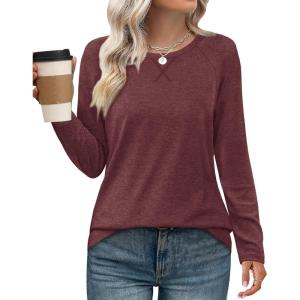imageXIEERDUO Womens Long Sleeve Shirts Casual Fall Fashion Crewneck Tops Loose Fit LightweightWine Red