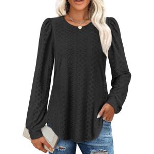 imageXIEERDUO Blouses for Women Dressy Casual Crew Neck Eyelet Tops Long Sleeve Shirts Puff Sleeve Tunics with Curved HemAblack