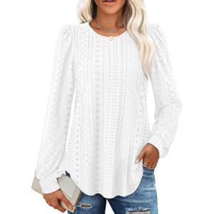 imageXIEERDUO Blouses for Women Dressy Casual Crew Neck Eyelet Tops Long Sleeve Shirts Puff Sleeve Tunics with Curved HemBwhite