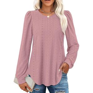 imageXIEERDUO Blouses for Women Dressy Casual Crew Neck Eyelet Tops Long Sleeve Shirts Puff Sleeve Tunics with Curved HemCmaruve