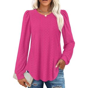 imageXIEERDUO Blouses for Women Dressy Casual Crew Neck Eyelet Tops Long Sleeve Shirts Puff Sleeve Tunics with Curved HemEhot Pink