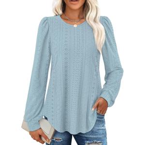 imageXIEERDUO Blouses for Women Dressy Casual Crew Neck Eyelet Tops Long Sleeve Shirts Puff Sleeve Tunics with Curved HemFlight Blue