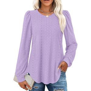 imageXIEERDUO Blouses for Women Dressy Casual Crew Neck Eyelet Tops Long Sleeve Shirts Puff Sleeve Tunics with Curved HemIpurple