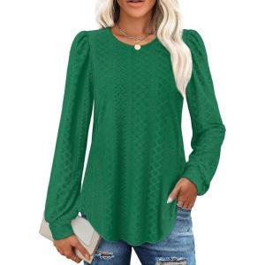 imageXIEERDUO Blouses for Women Dressy Casual Crew Neck Eyelet Tops Long Sleeve Shirts Puff Sleeve Tunics with Curved HemJgreen