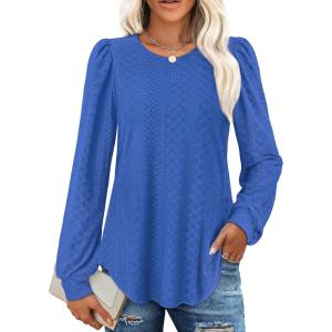 imageXIEERDUO Blouses for Women Dressy Casual Crew Neck Eyelet Tops Long Sleeve Shirts Puff Sleeve Tunics with Curved HemKroyal Blue