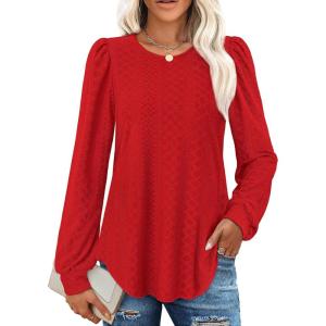 imageXIEERDUO Blouses for Women Dressy Casual Crew Neck Eyelet Tops Long Sleeve Shirts Puff Sleeve Tunics with Curved HemLred