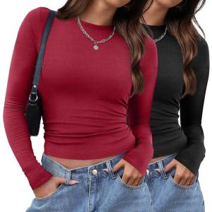 imageXIEERDUO Womens Long Sleeve Crew Neck Slim Fit T Shirts 2024 Y2k Clothes Basic Going Out Tops 3 Pack2 PackLong Sleeve 2 Pack Black Red