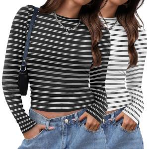 imageXIEERDUO Womens Long Sleeve Crew Neck Slim Fit T Shirts 2024 Y2k Clothes Basic Going Out Tops 3 Pack2 PackLong Sleeve 2 Pack Striped Black White