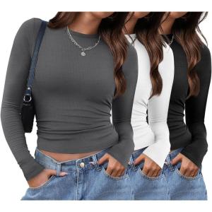 imageXIEERDUO Womens Long Sleeve Crew Neck Slim Fit T Shirts 2024 Y2k Clothes Basic Going Out Tops 3 Pack2 PackLong Sleeve 3 Pack Black White Grey
