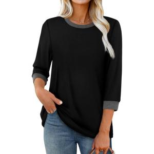 imageXIEERDUO Womens T Shirts 34 Length Sleeve Womens Tops Dressy Casual Crew Neck Color Block Tunic Tops0 Black