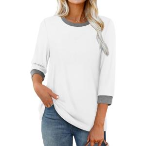 imageXIEERDUO Womens T Shirts 34 Length Sleeve Womens Tops Dressy Casual Crew Neck Color Block Tunic Tops0 White