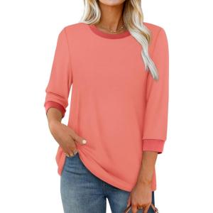 imageXIEERDUO Womens T Shirts 34 Length Sleeve Womens Tops Dressy Casual Crew Neck Color Block Tunic TopsCoral
