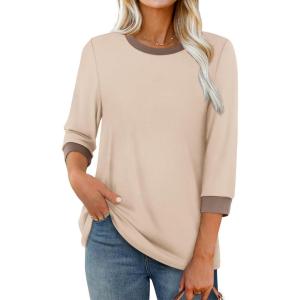 imageXIEERDUO Womens T Shirts 34 Length Sleeve Womens Tops Dressy Casual Crew Neck Color Block Tunic TopsKhaki
