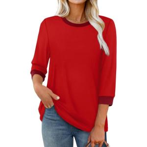 imageXIEERDUO Womens T Shirts 34 Length Sleeve Womens Tops Dressy Casual Crew Neck Color Block Tunic TopsRed
