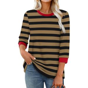 imageXIEERDUO Womens T Shirts 34 Length Sleeve Womens Tops Dressy Casual Crew Neck Color Block Tunic TopsStriped Coffee