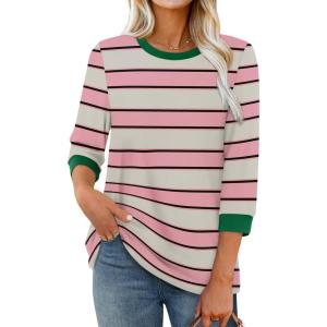 imageXIEERDUO Womens T Shirts 34 Length Sleeve Womens Tops Dressy Casual Crew Neck Color Block Tunic TopsStriped Pink