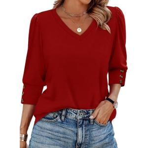 imageXIEERDUO Womens 34 Sleeve Tops with Buttons VNeck Summer Outfits Casual Blouses Shirts Beach Vacation Fall Clothes 2025Ared