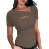 imageXIEERDUO Womens Summer Tops Short Sleeve Shirts for Women Sexy Tops Y2K Shirts One Piece Cutout TopsBrown