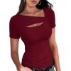 imageXIEERDUO Womens Summer Tops Short Sleeve Shirts for Women Sexy Tops Y2K Shirts One Piece Cutout TopsDark Red