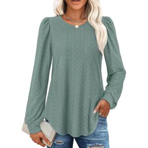 imageXIEERDUO Blouses for Women Dressy Casual Crew Neck Eyelet Tops Long Sleeve Shirts Puff Sleeve Tunics with Curved HemDgreyblue