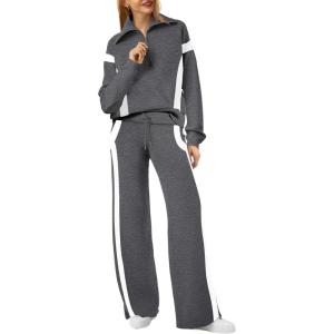 imageXIEERDUO Lounge Sets For Women 2024 Half Zip Sweatshirt And Wide Leg Sweatpant 2 Piece Outfits Sweatsuit TracksuitColor Block Dimgray