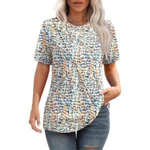 imageXIEERDUO Womens Summer Tops 2025 Pleated Round Neck Short Sleeve Shirts Business CasualZ Blue Dot