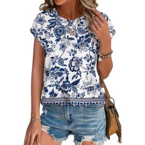 imageXIEERDUO Womens Tops Short Sleeve Shirts Blouses for Women Dressy Casual Cap Sleeve Tops with Curved HemXblue Folk Pattern