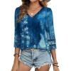 imageXIEERDUO 34 Length Sleeve Womens Tops Dressy Casual Blouses for Women 2025 Trendy V Neck T Shirts Summer ClothesZ Navy Printed