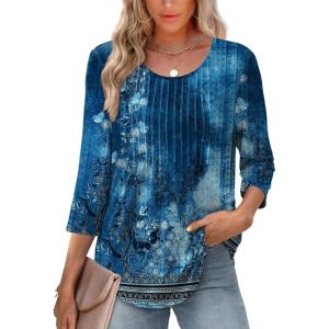 imageXIEERDUO 34 Length Sleeve Tops for Women 2025 Crewneck Casual Pleated Tunic Tops Loose Fit Shirts BlousesFdark Blue Floral
