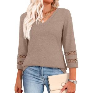 imageXIEERDUO 34 Length Sleeve Womens Tops Dressy Casual Blouses for Women 2025 Trendy V Neck T Shirts Summer ClothesKhaki