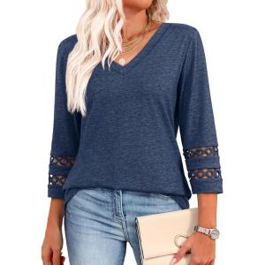 imageXIEERDUO 34 Length Sleeve Womens Tops Dressy Casual Blouses for Women 2025 Trendy V Neck T Shirts Summer ClothesNavy Blue