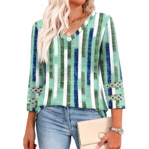 imageXIEERDUO 34 Length Sleeve Womens Tops Dressy Casual Blouses for Women 2025 Trendy V Neck T Shirts Summer ClothesZ Green Plaid