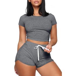 imageXIEERDUO Two Piece Outfits for Women Short Sleeve Round Neck Summer Crop Tops2grey