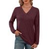 imageXIEERDUO Long Sleeve Shirts for Women V Neck Fall Tops Basic Tunic Tops Loose Fit Dressy 2025Burgundy
