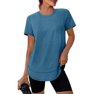 imageWomens Workout Tops Short Sleeve Shirts with Sun Protection Trendy Spring Summer Outfits S3XL12 Dark Blue Green