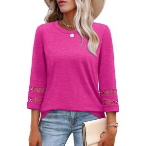 imageXIEERDUO 34 Length Sleeve Womens Tops and Blouses Dressy Casual Crewneck T Shirts Fashion Clothes Loose Fit TrendyHot Pink