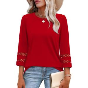 imageXIEERDUO 34 Length Sleeve Womens Tops and Blouses Dressy Casual Crewneck T Shirts Fashion Clothes Loose Fit TrendyRed