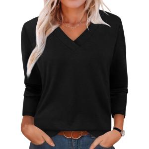 imageXIEERDUO Long Sleeve Shirts for Women V Neck Fall Tops Basic Tunic Tops Loose Fit Dressy 2025Black