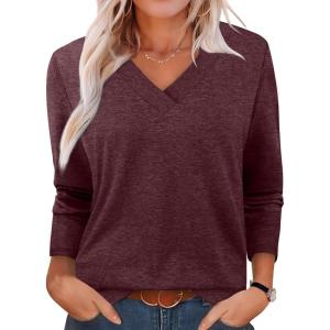 imageXIEERDUO Long Sleeve Shirts for Women V Neck Fall Tops Basic Tunic Tops Loose Fit Dressy 2025Burgundy