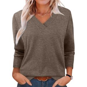 imageXIEERDUO Long Sleeve Shirts for Women V Neck Fall Tops Basic Tunic Tops Loose Fit Dressy 2025Coffee
