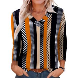 imageXIEERDUO Long Sleeve Shirts for Women V Neck Fall Tops Basic Tunic Tops Loose Fit Dressy 2025Patternedkhaki Stripe
