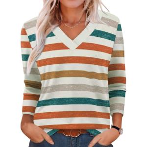 imageXIEERDUO Long Sleeve Shirts for Women V Neck Fall Tops Basic Tunic Tops Loose Fit Dressy 2025Patternedmulticolor Stripe