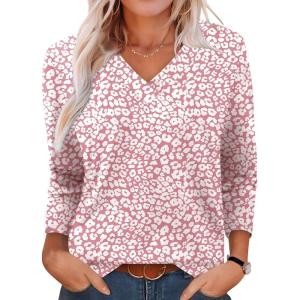 imageXIEERDUO Long Sleeve Shirts for Women V Neck Fall Tops Basic Tunic Tops Loose Fit Dressy 2025Patternedpink Leopard