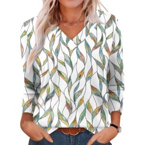 imageXIEERDUO Long Sleeve Shirts for Women V Neck Fall Tops Basic Tunic Tops Loose Fit Dressy 2025Patternedwhite Print