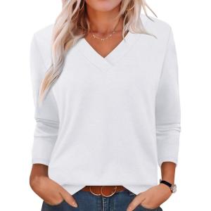 imageXIEERDUO Long Sleeve Shirts for Women V Neck Fall Tops Basic Tunic Tops Loose Fit Dressy 2025White