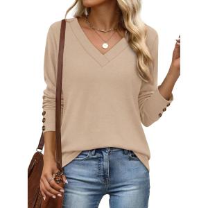 imageXIEERDUO Long Sleeve Shirt for Women Fall Outfits 2025 Dressy Casual Fashion Clothing V Neck Tunic Tops with ButtonBeige