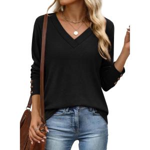 imageXIEERDUO Long Sleeve Shirt for Women Fall Outfits 2025 Dressy Casual Fashion Clothing V Neck Tunic Tops with ButtonBlack