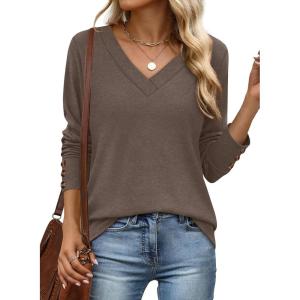 imageXIEERDUO Long Sleeve Shirt for Women Fall Outfits 2025 Dressy Casual Fashion Clothing V Neck Tunic Tops with ButtonCoffee