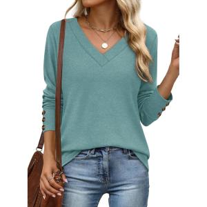 imageXIEERDUO Long Sleeve Shirt for Women Fall Outfits 2025 Dressy Casual Fashion Clothing V Neck Tunic Tops with ButtonGreyblue