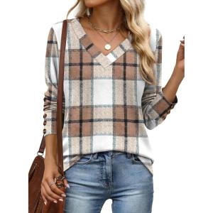 imageXIEERDUO Long Sleeve Shirt for Women Fall Outfits 2025 Dressy Casual Fashion Clothing V Neck Tunic Tops with ButtonGrid